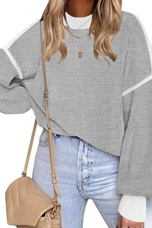 CWOSWL5180_CREW-NECK PATCHWORK LONG-SLEEVED SWEATER