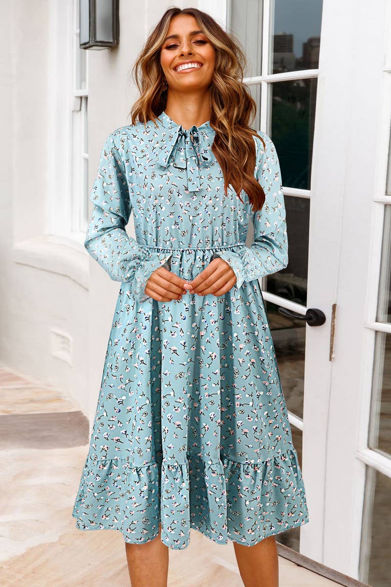 CWDMD6204_FLORAL RUFFLE TRIM FLARE SLEEVE WAIST DRESS
