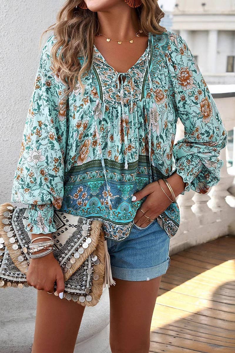 CWTBLL3942_BOHO V-NECK TIE FRONT PRINTED LONG SLEEVE BLOUSE