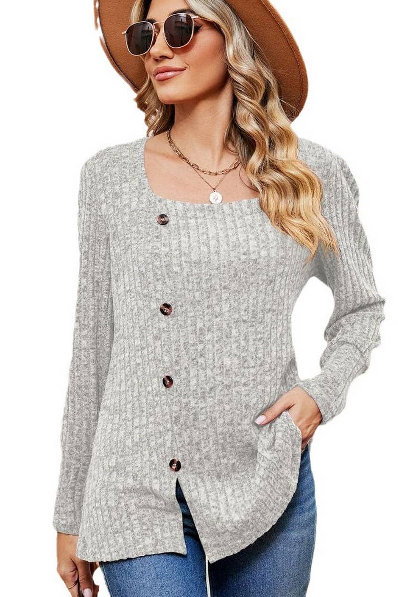CWTBLL2372_SQUARE COLLAR BUTTON-DOWN LONG SLEEVE LOOSE TOP