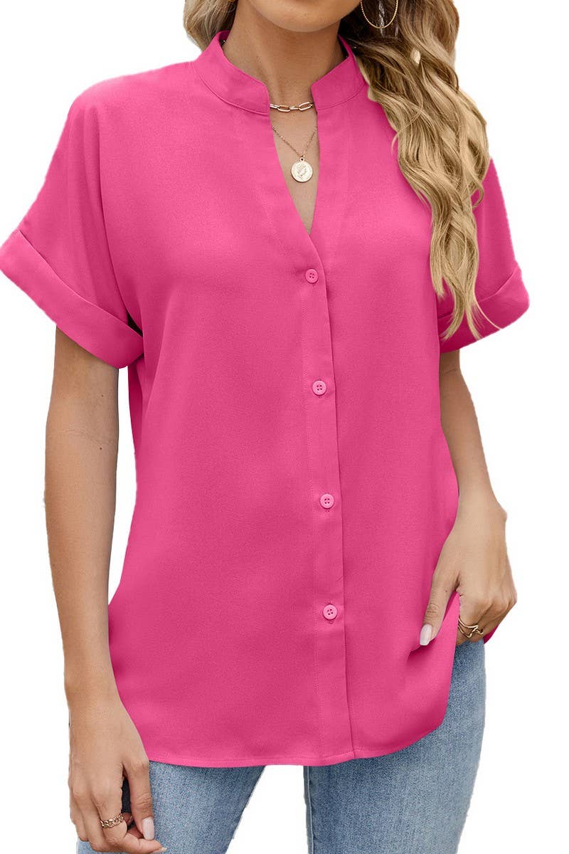 CWTBLS1797_SUMMER SOLID COLOR V-NECK LOOSE BUTTON SHIRT