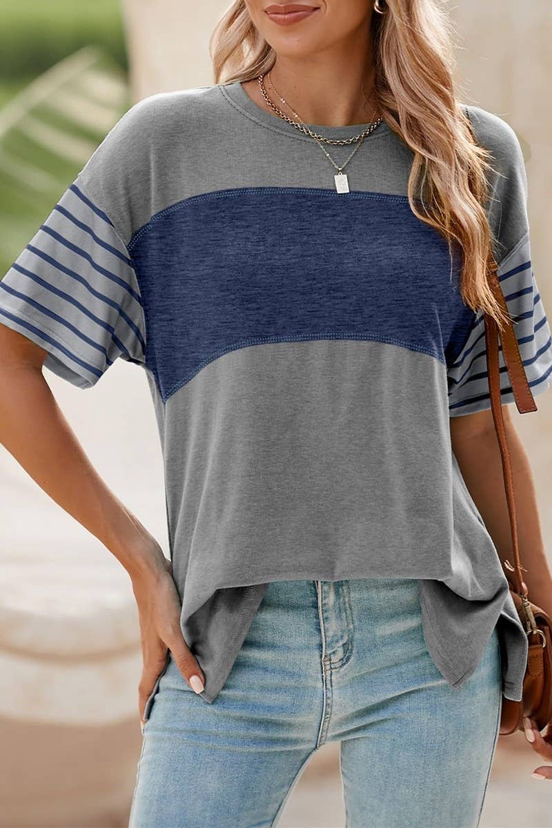 CWTTS1392_ROUND NECK CASUAL STRIPED CONTRAST COLOR T-SHIRT