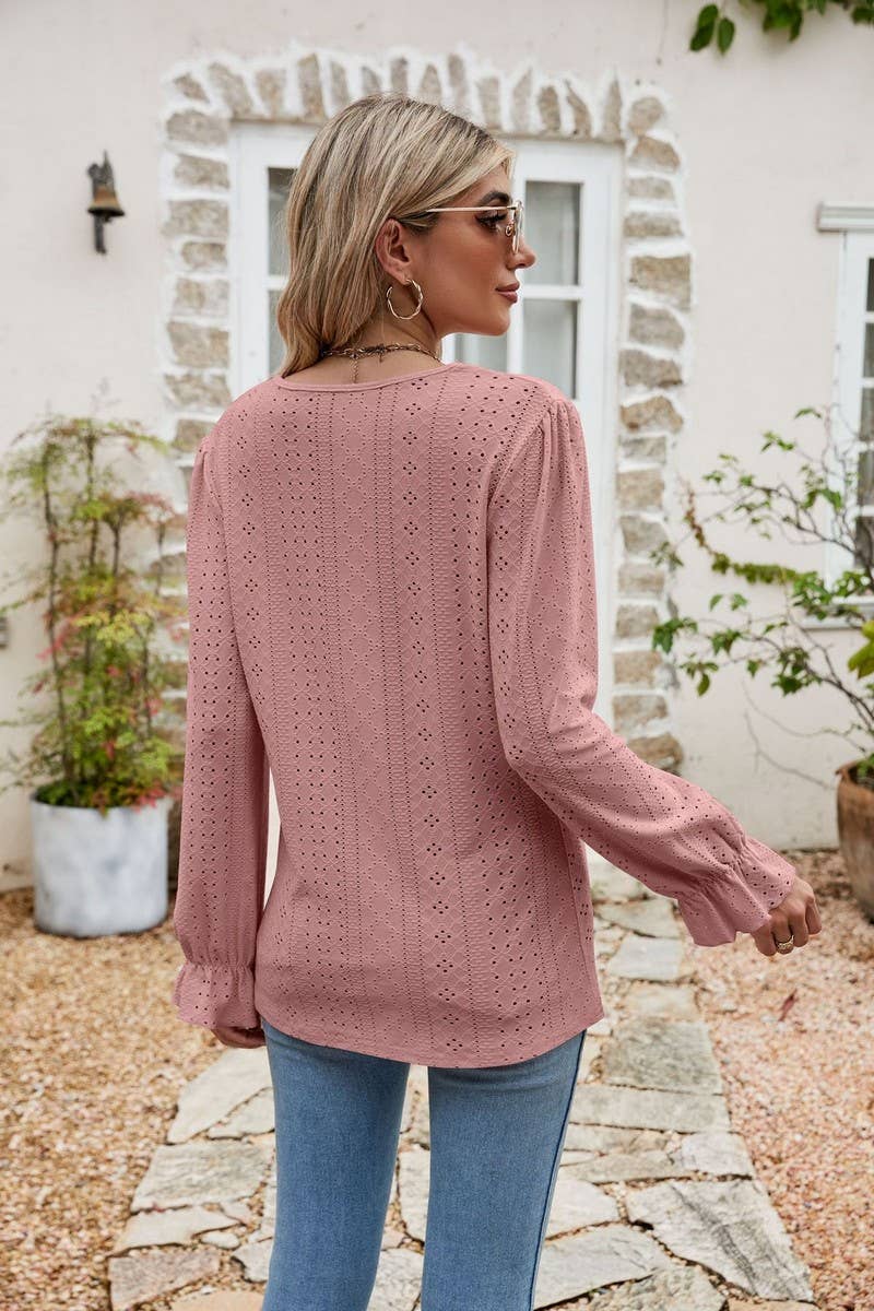 CWTBLL1045_SOLID COLOR V-NECK EYELET LOOSE TOP