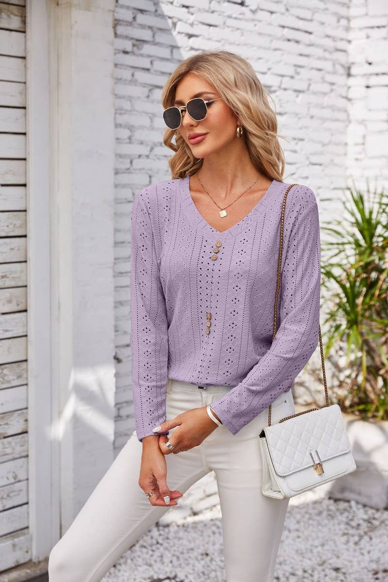 CWTBLL1042_V-NECK LONG-SLEEVED T-SHIRT TOP