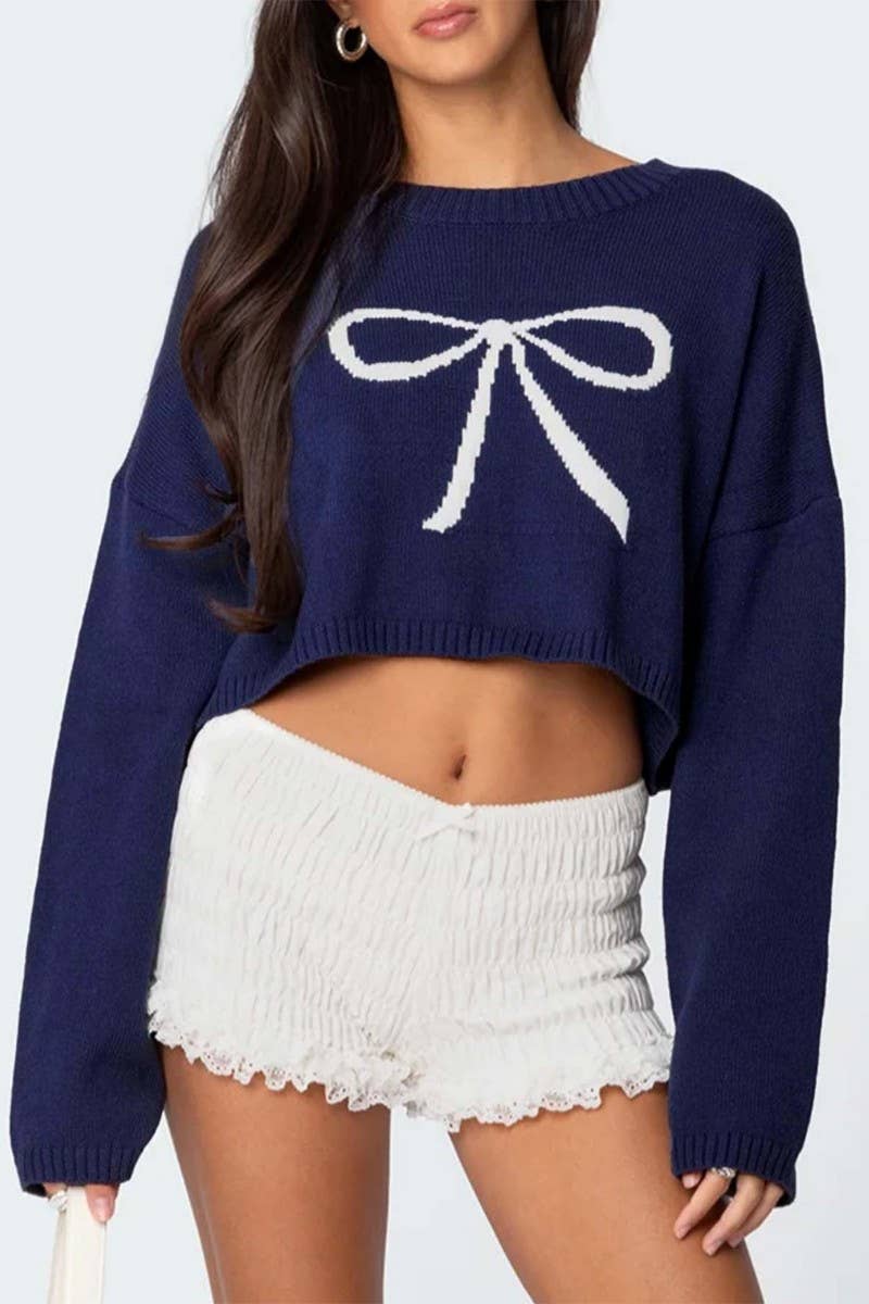 CWOSWL6868_CUTE BOW TIE CROPPED KNIT PULLOVER SWEATER