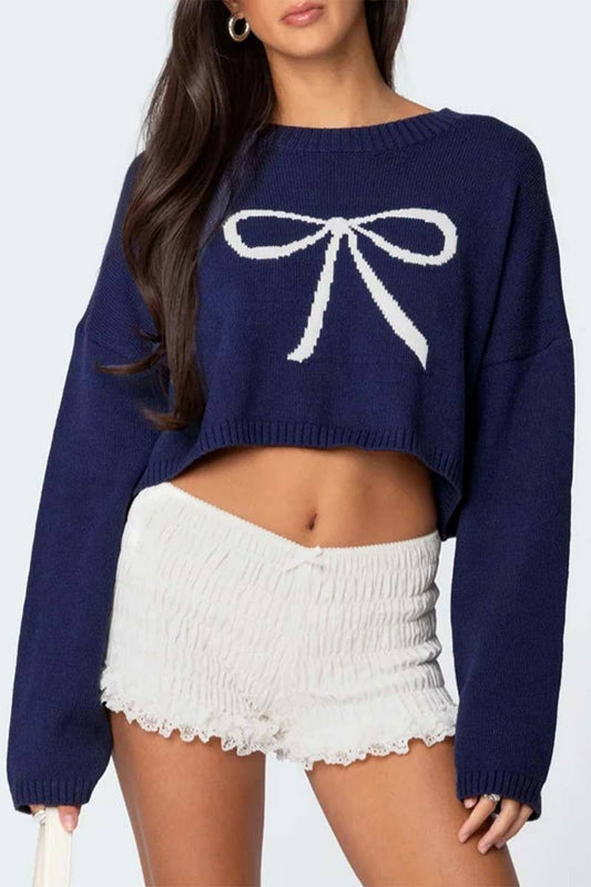 CWOSWL6868_CUTE BOW TIE CROPPED KNIT PULLOVER SWEATER