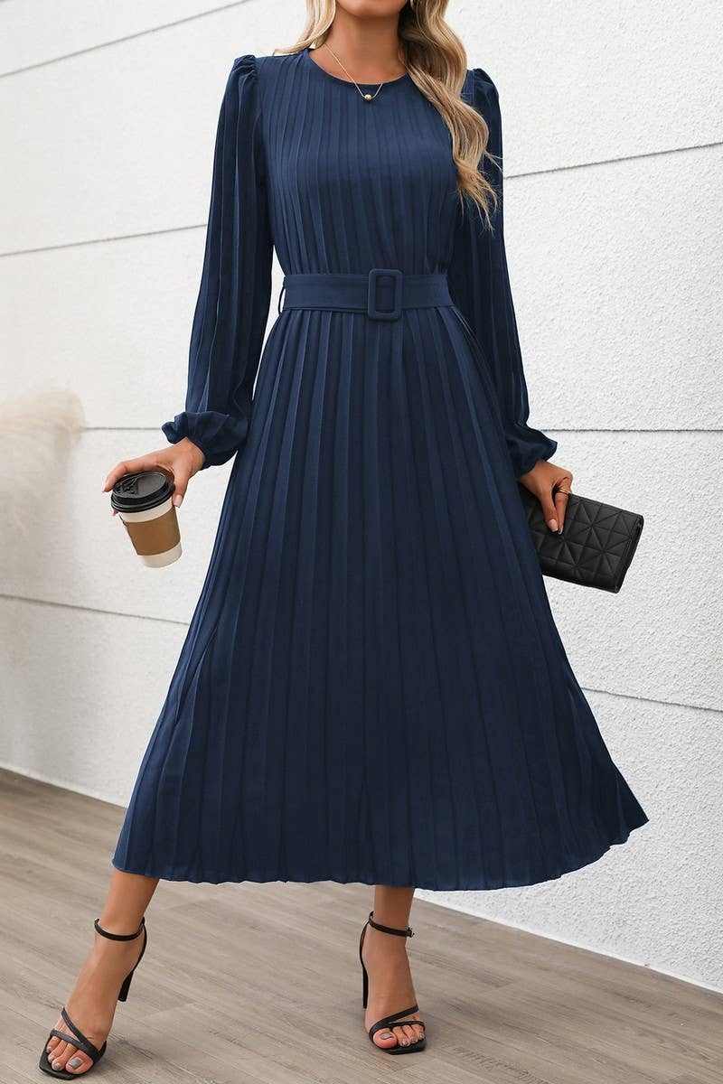 CWDMD01038_ELEGANT VINTAGE LONG SLEEVE PLEATED SOLID DRESS