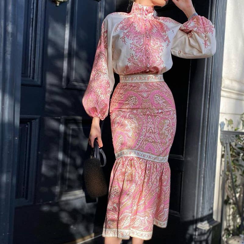 BOHO PRINT TOP MID-LENGTH WRAP ARM SKIRT SUIT