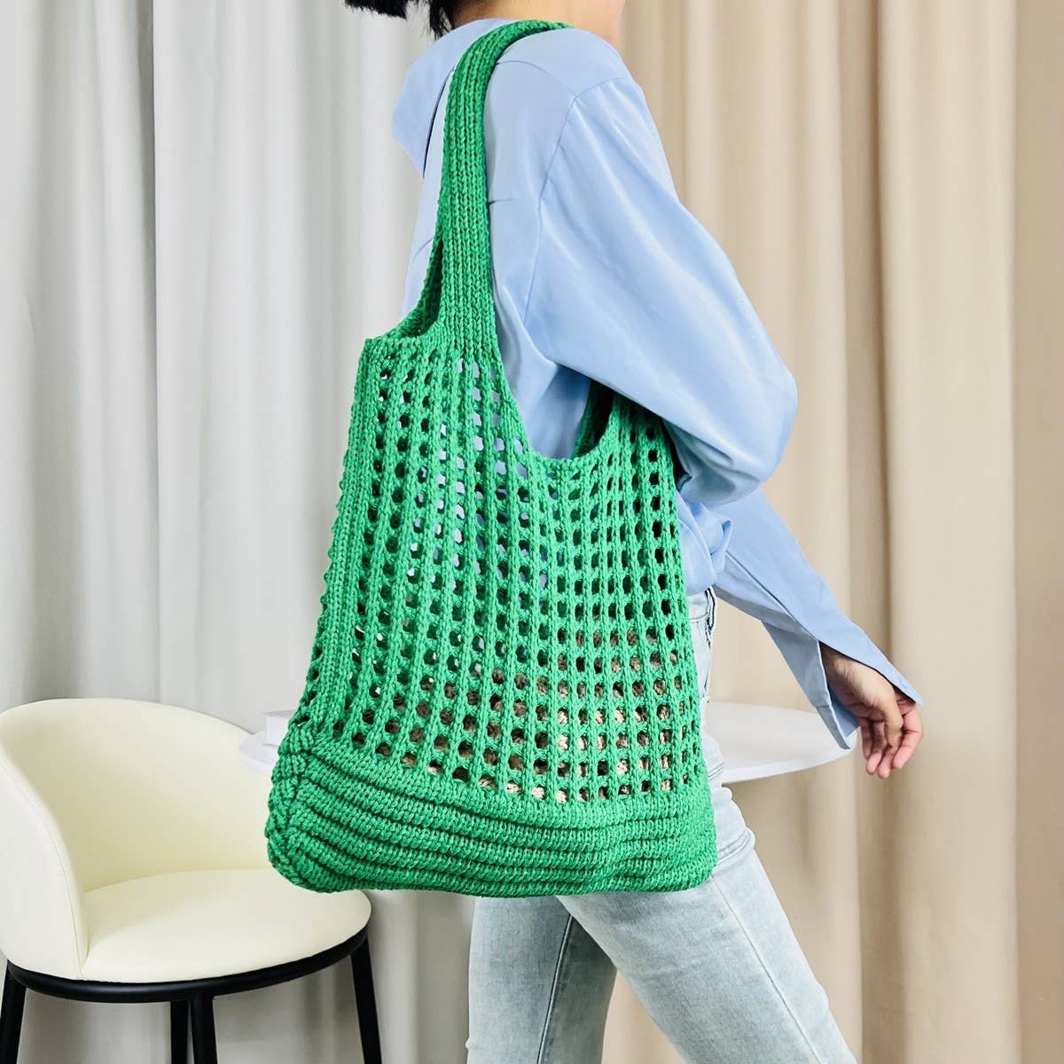 CWAB4576_SOLID COLOR KNITTED HOLLOW SHOULDER WOVEN BAG