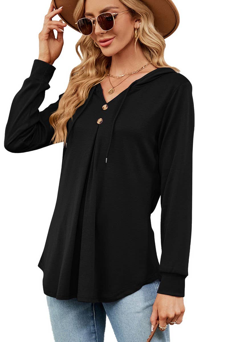 CWOHOL0932_SOLID COLOR V-NECK BUTTON HOODED LOOSE SWEATSHIRT