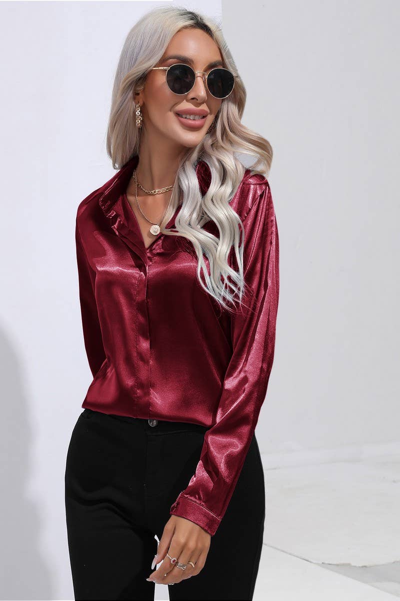 CWTBLL0692_Button Down Silky Satin Long Sleeve Top