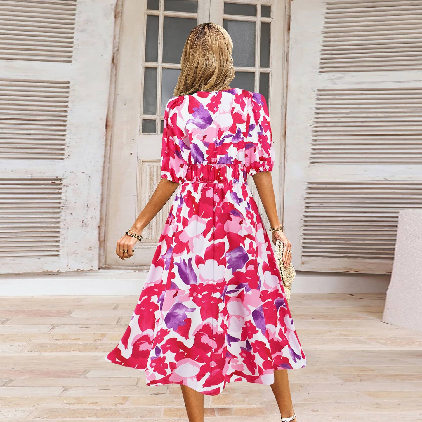 Boho V-Neck Floral Maxi Dress with Waist Tie