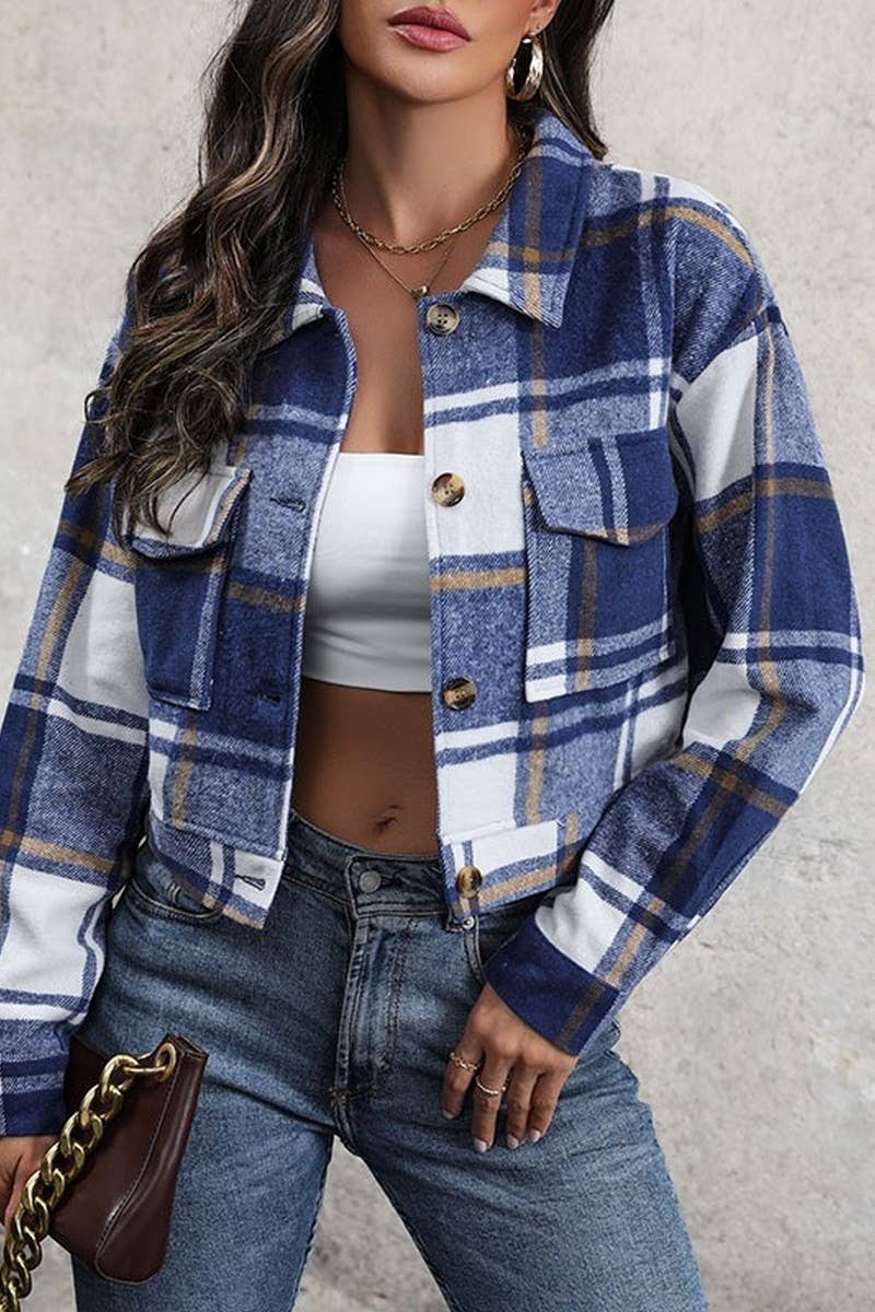 CWOJA0824_CROPPED PLAID CARDIGAN LAPEL JACKET