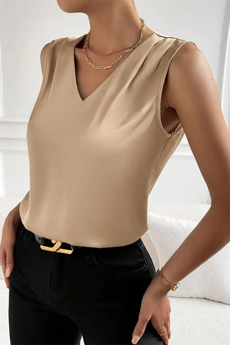 CWTBLSL0307_V-NECK SLEEVELESS VEST TOP FOR WOMEN