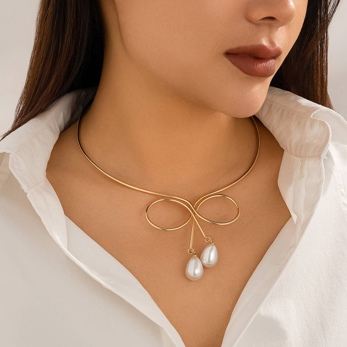 WATERDROP IMITATION PEARL FASHION METAL NECKLACE