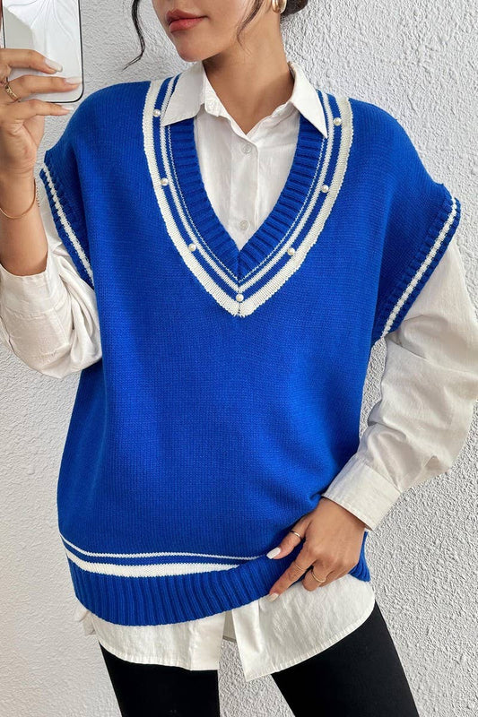 CWTSTL00989_WOMEN V NECK COLOR BLOCK STRIPED KNIT VEST