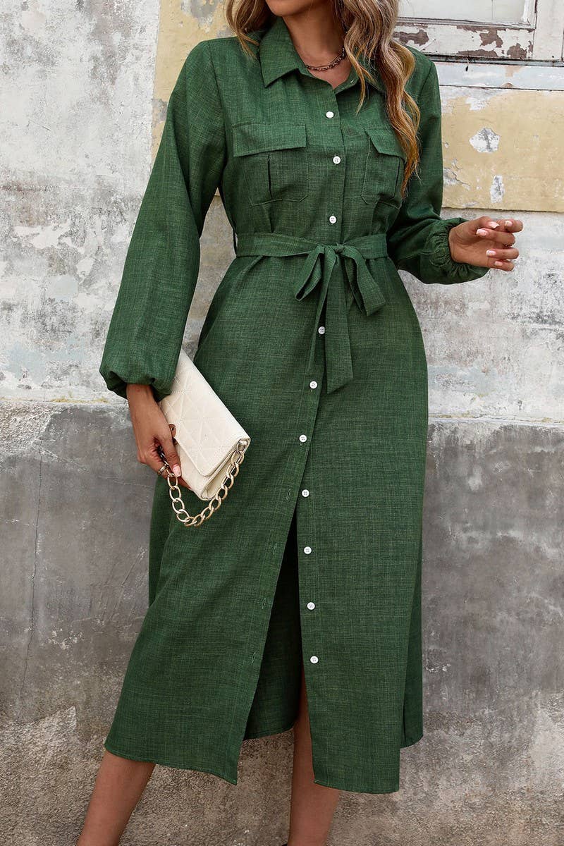 CWDMD3070_SOLID COLOR LAPEL TIE LONG SLEEVE DRESS