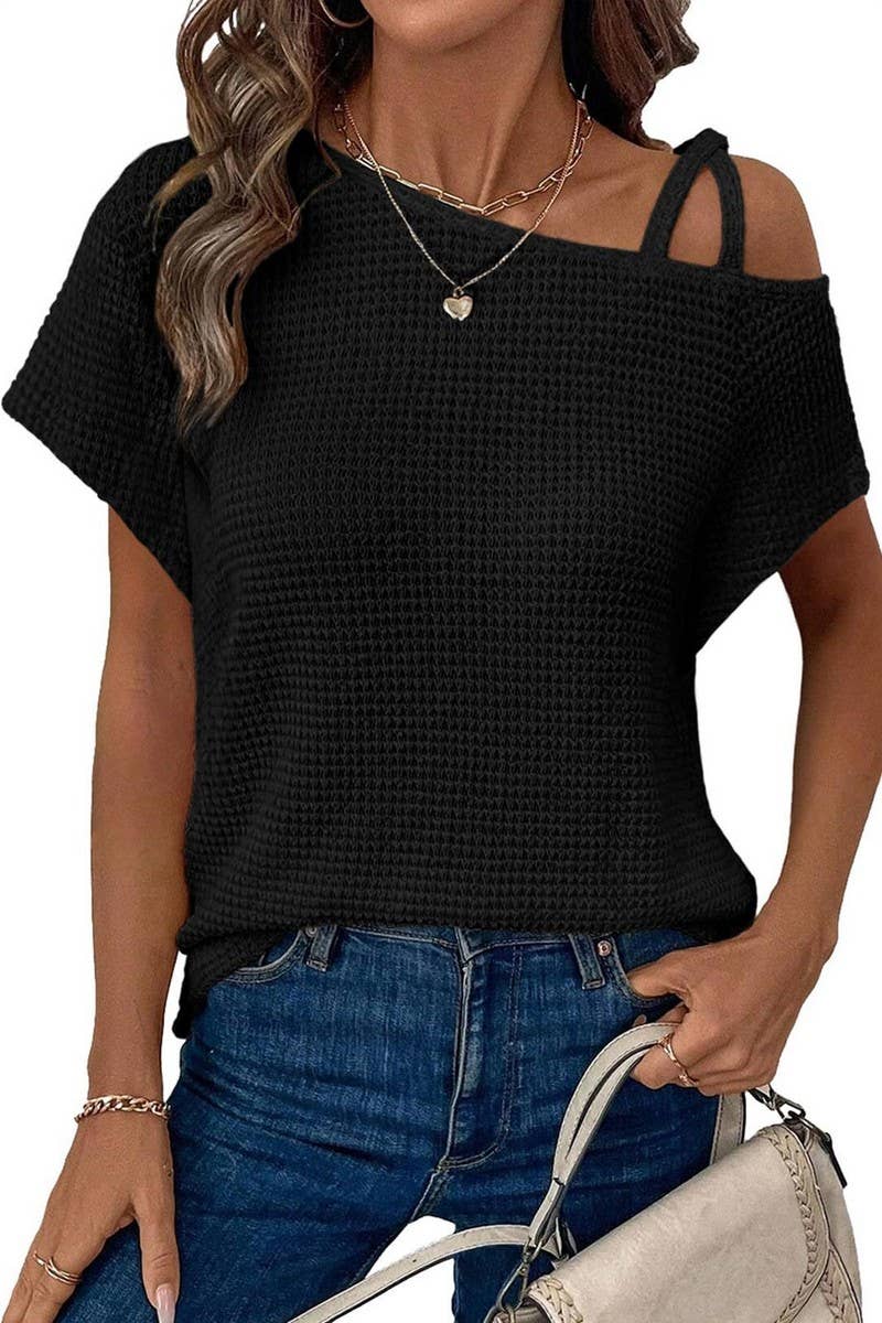 CWTBLS1617_SOLID COLOR OFF-SHOULDER SHORT-SLEEVED KNIT TOP