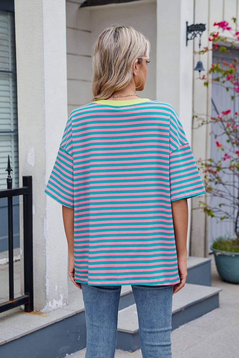 CWTBLS1736_STRIPED CONTRAST LOOSE SHORT-SLEEVED T-SHIRT TOP