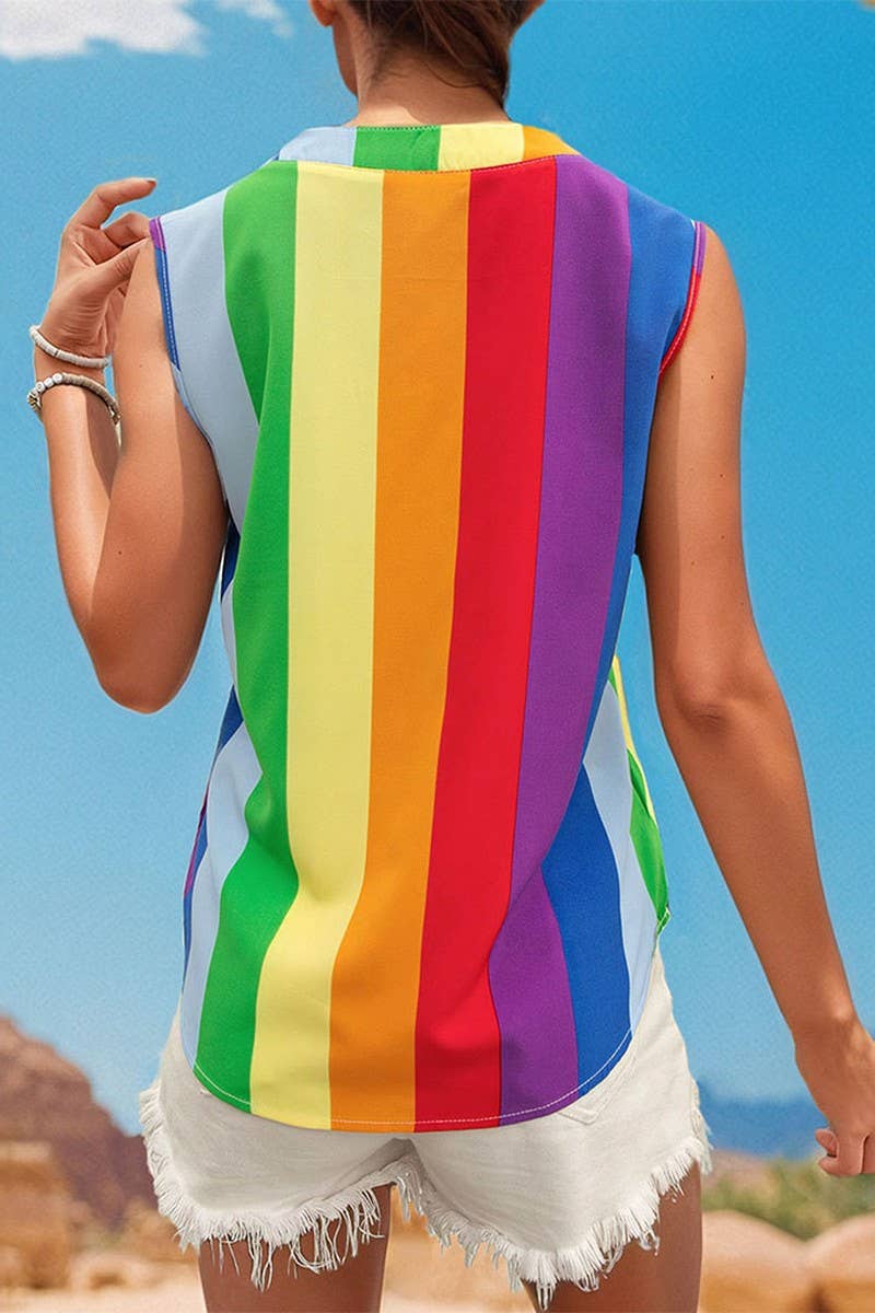 CWTBLS1638_2025 CASUAL BASIC COLOR STRIPED V-NECK SHIRT