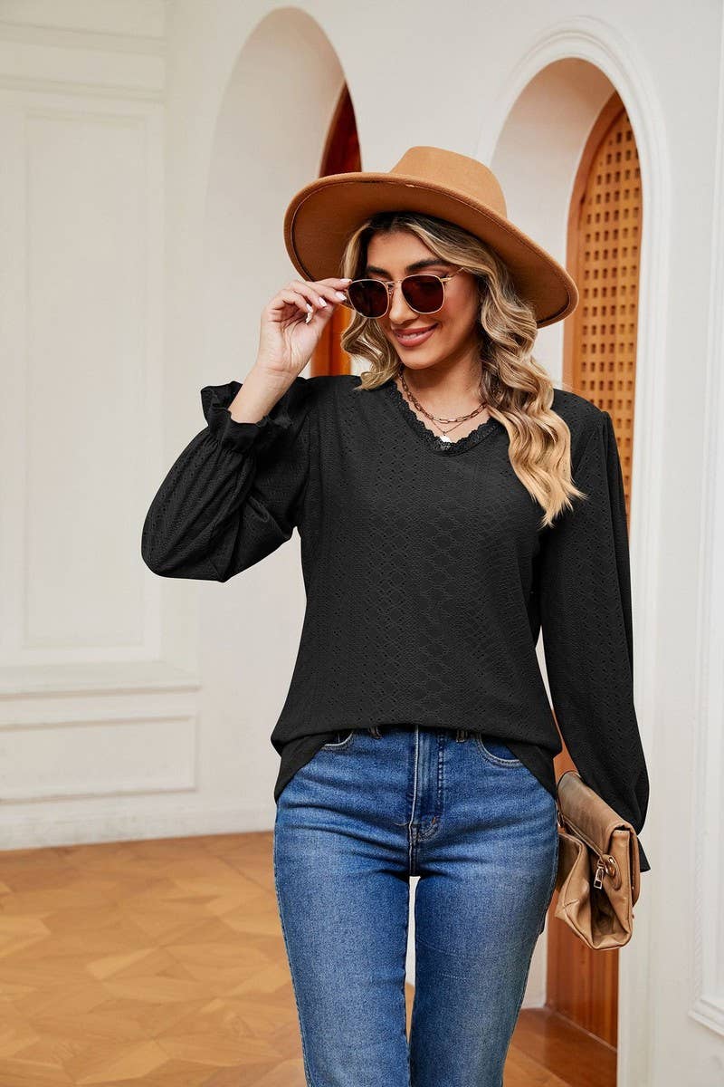 CWTBLL2394_V-NECK LONG-SLEEVED HOLLOW LACE PATCHWORK TOP