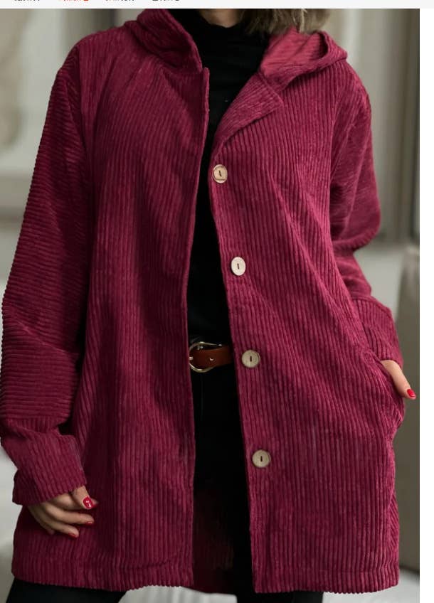 CORDUROY LONG SINGLE BREASTED HOODED LOOSE JACKET