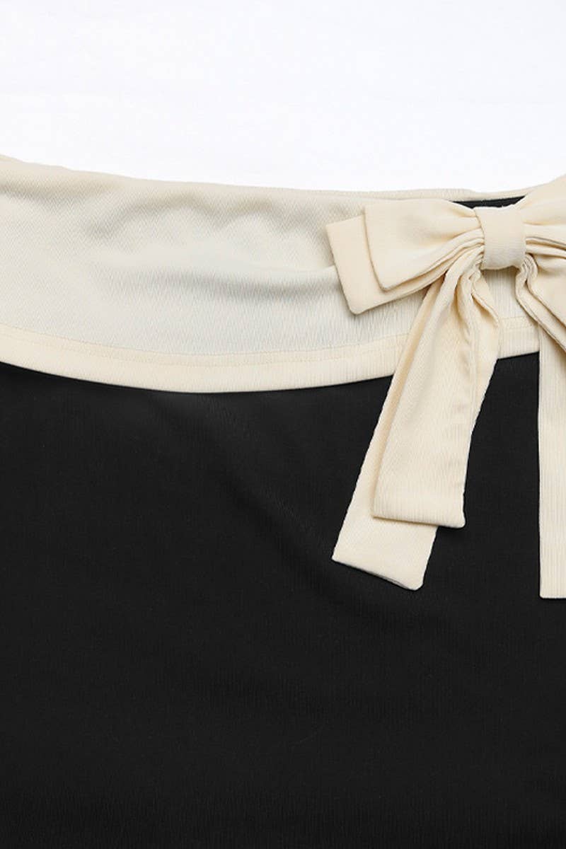 CWTBLL3271_OFF-THE-SHOULDER BOW TIE LONG-SLEEVED T-SHIRT TOP