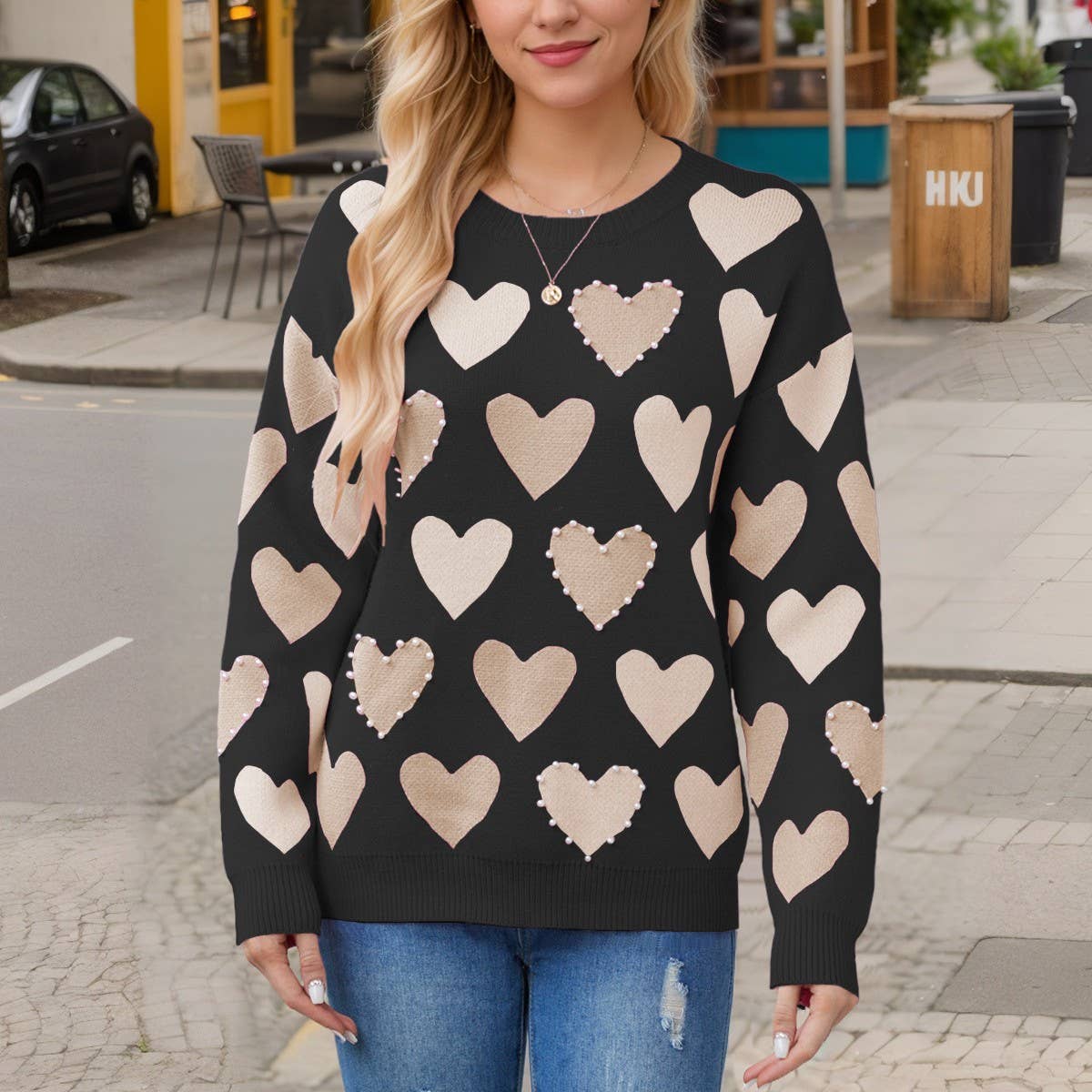 Beaded heart peach round neck pullover sweater