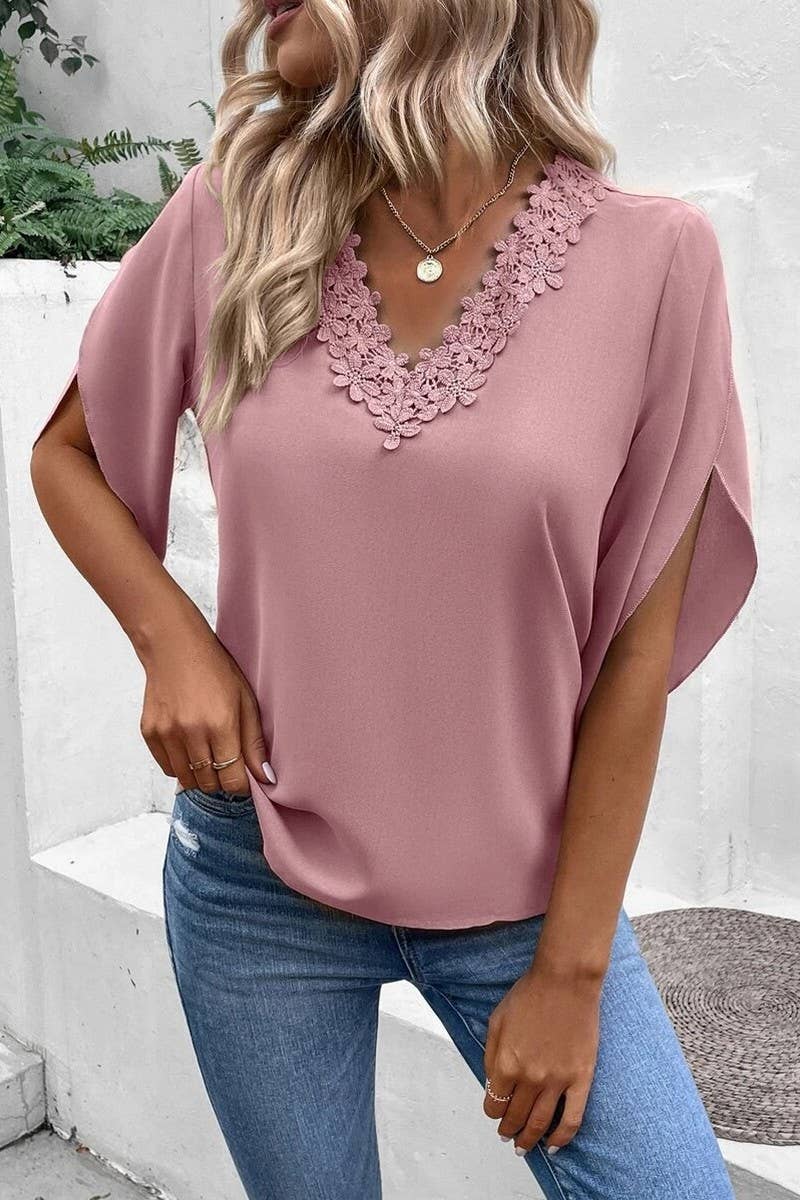 CWTSTS0661_SUMMER LACE V-NECK TRUMPET SLEEVE LOOSE SHIRT