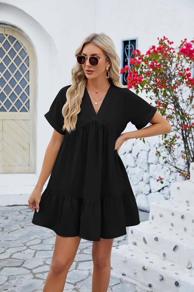 CWDSD3113_V Neck Tiered Short Sleeve Dress