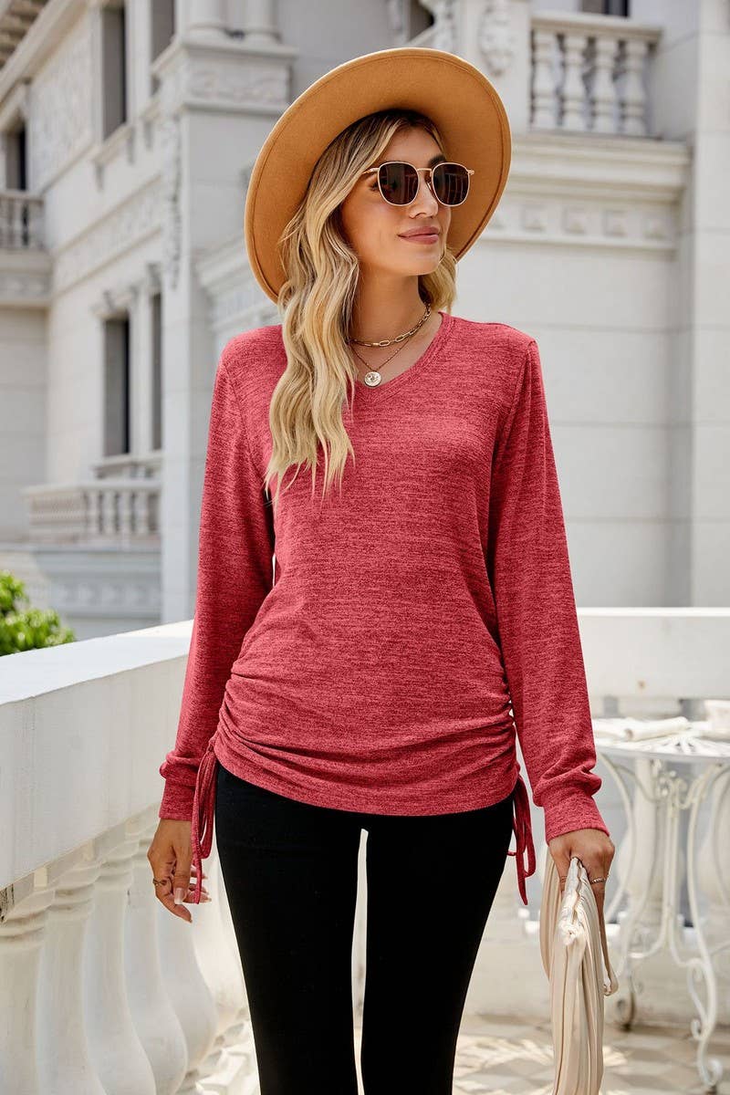CWTBLL2405_SOLID COLOR LONG SLEEVE V-NECK PLEATED LOOSE TOP