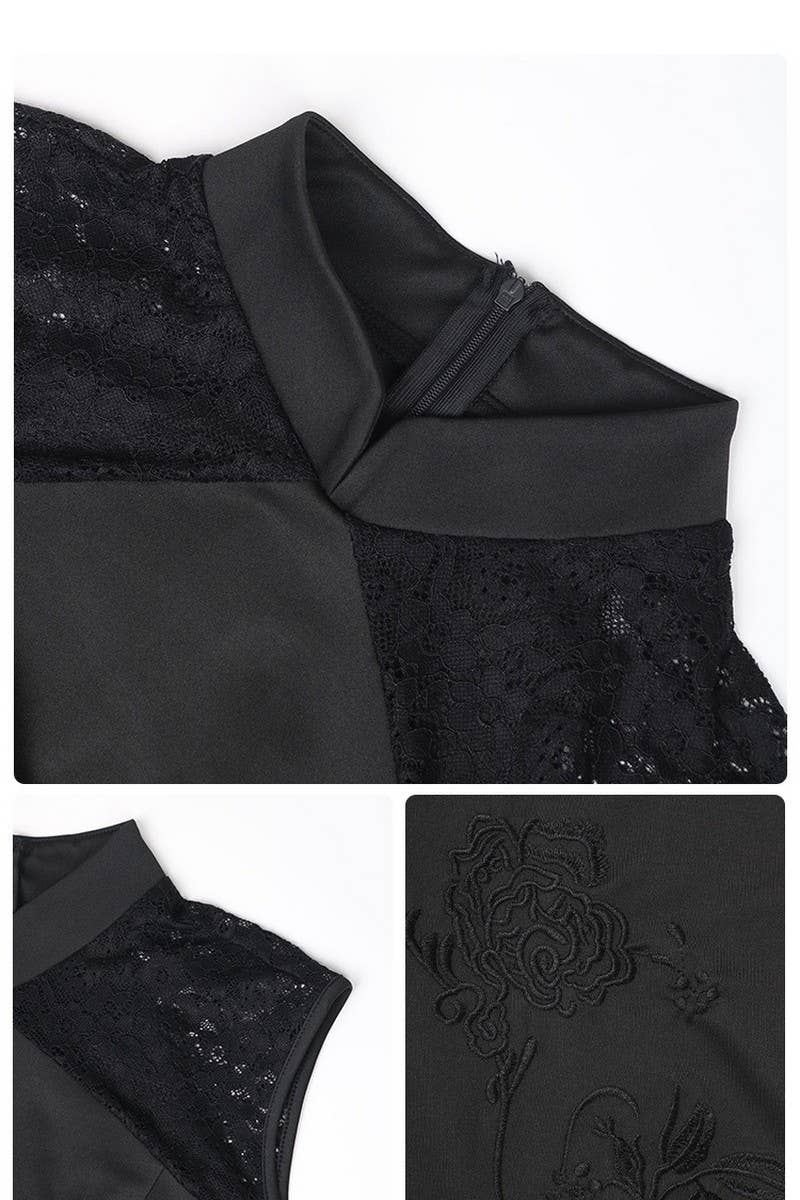 CWDSD4377_ STAND COLLAR LACE PANEL CHEONGSAM DRESS