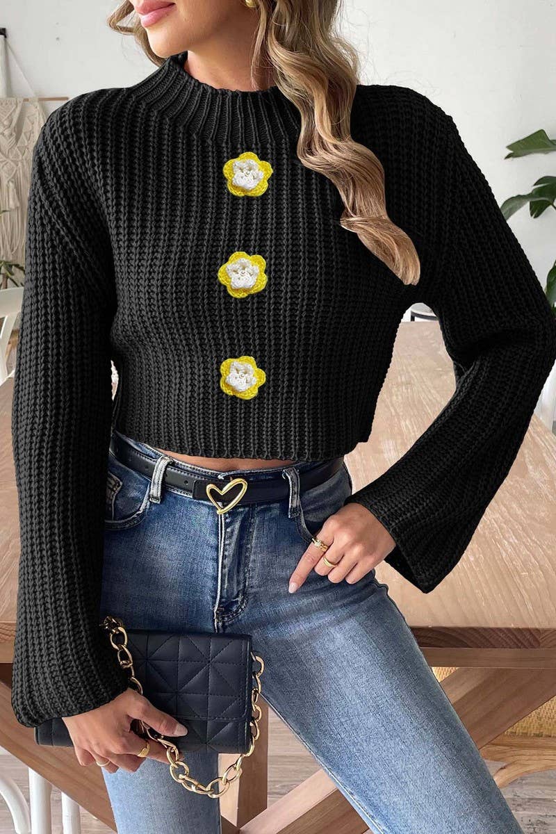 CWOSWL07408_WOMEN CROPPED KNIT SWEATER PEARL  FLARE SLEEVE