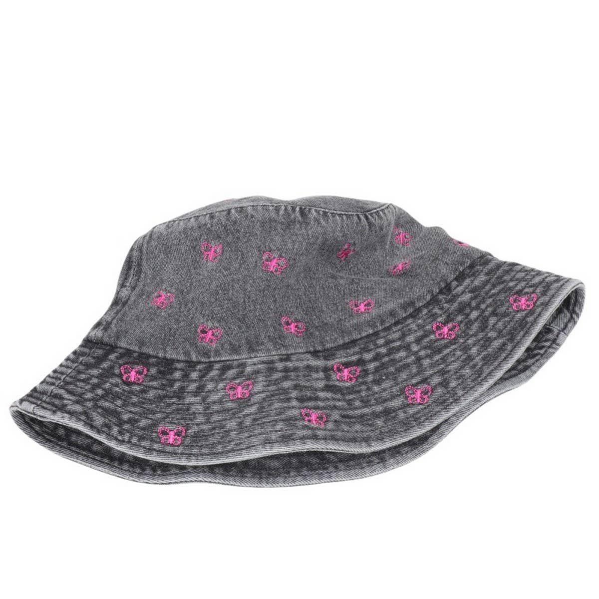 CWAH1520_VINTAGE BUTTERFLY EMBROIDERY DENIM BUCKET HAT