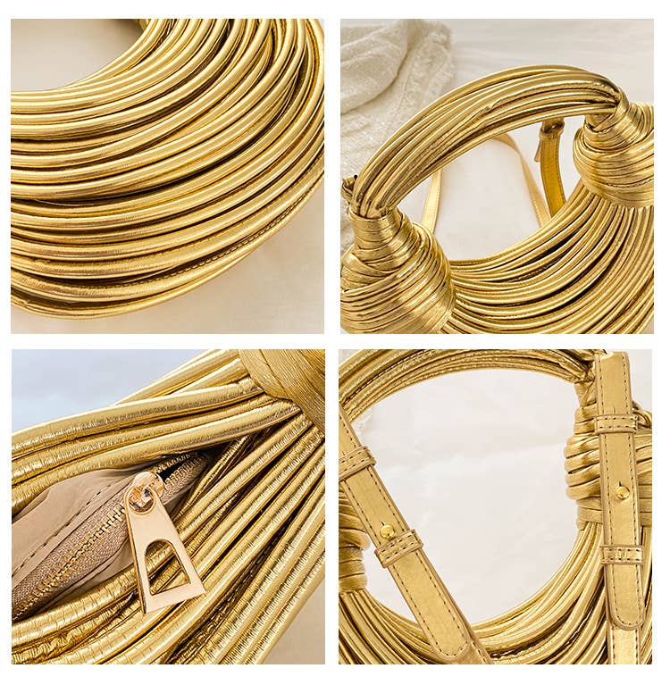 Metallic color striped appearance glossy handbag