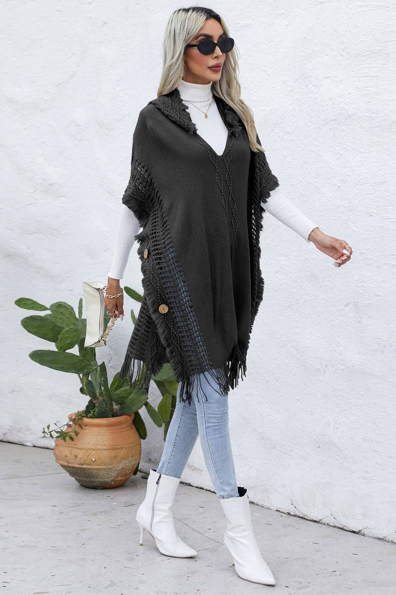 CWOSWL6438_V-NECK FRINGED HOODED MID-LENGTH CAPE KNITTED TOP