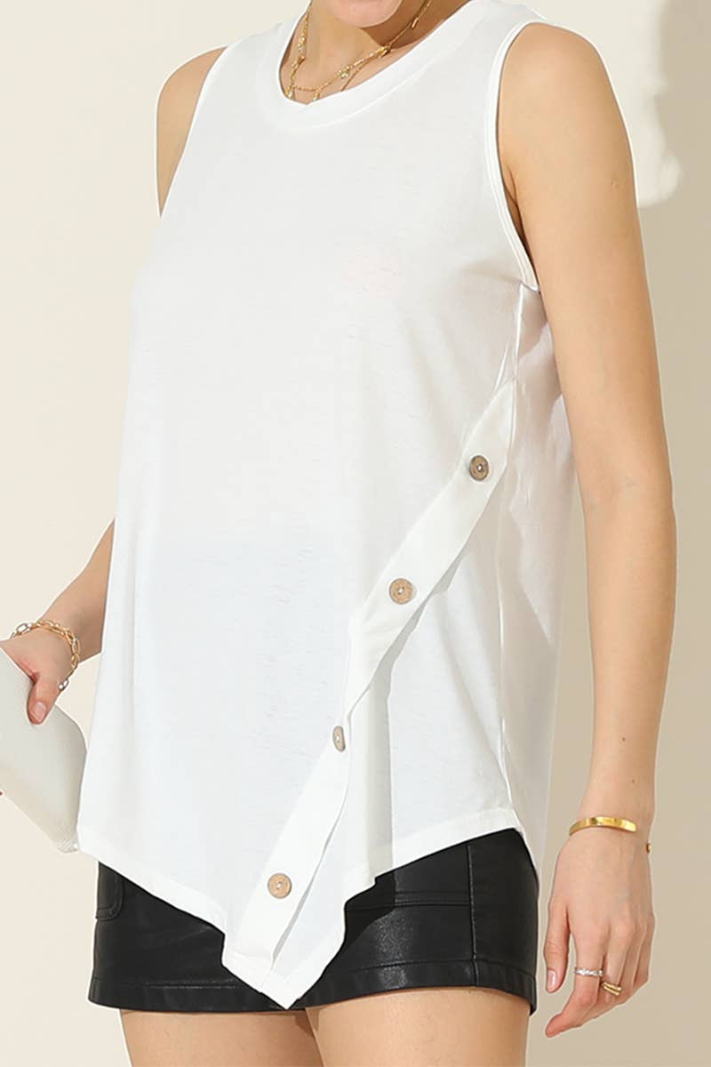 CWTTSL199_U NECK BOTTON SIDE BUTTON UP SLEEVELESS TOP