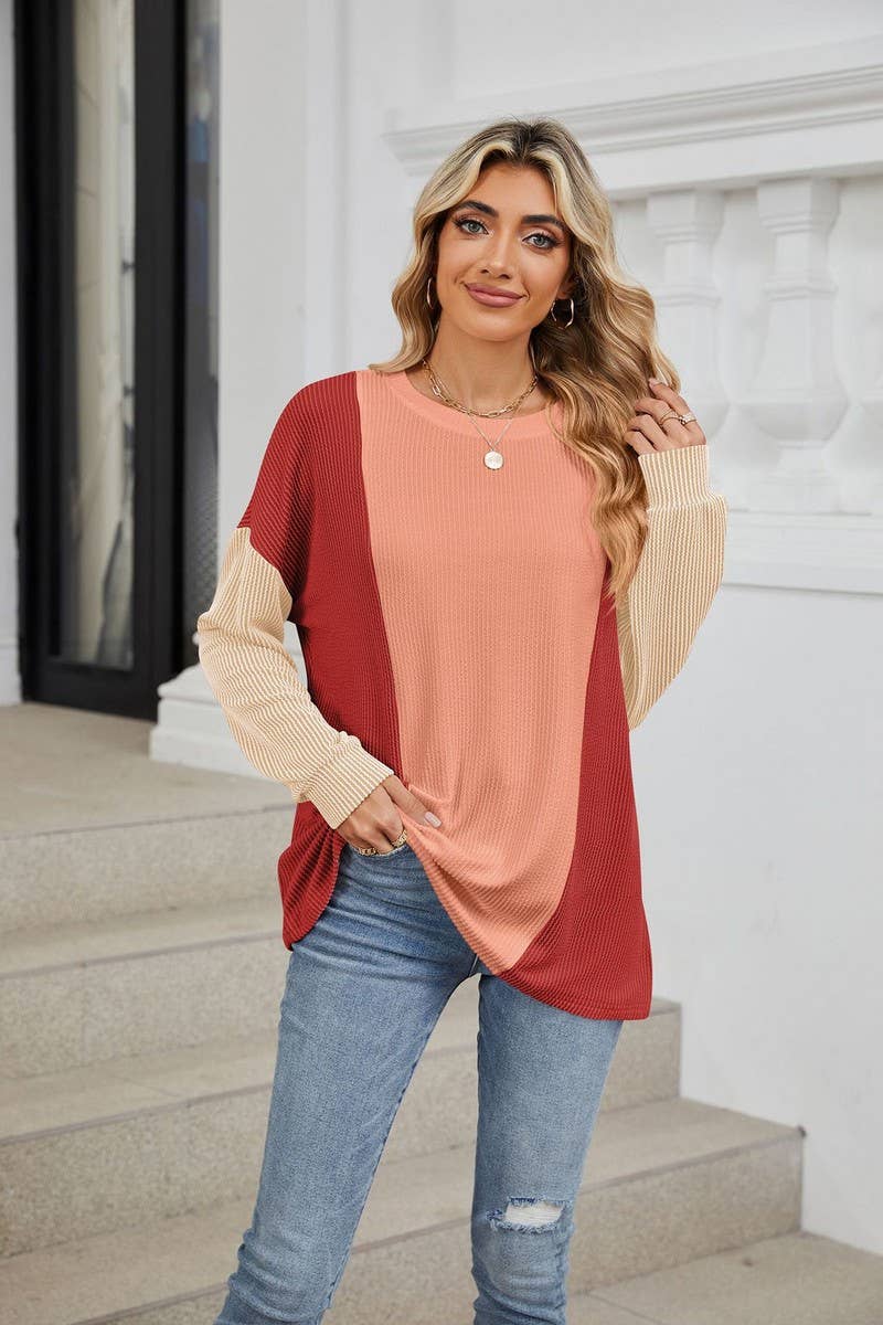 CWTBLL2358_ROUND NECK LOOSE STITCHING LONG SLEEVE TOP