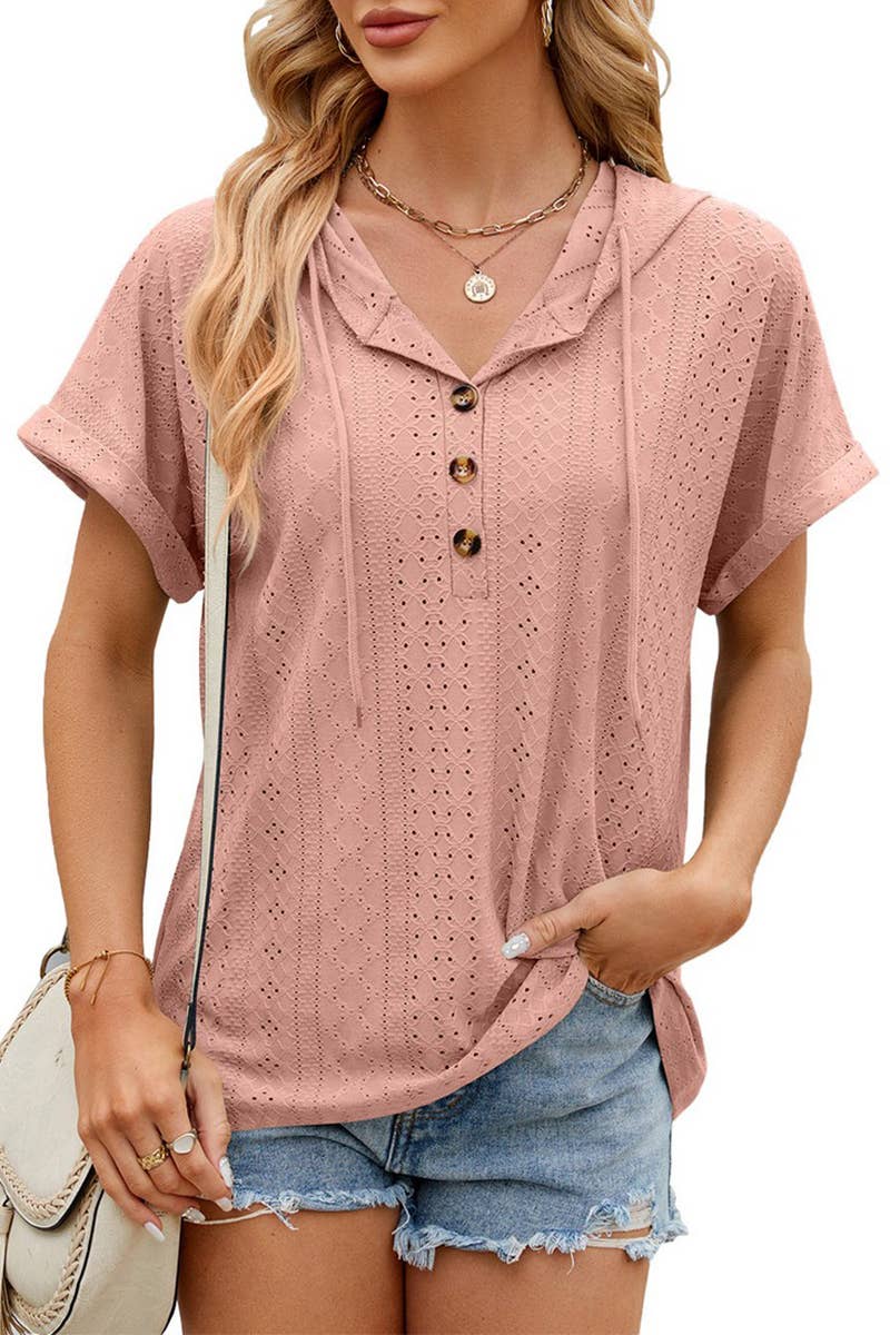 CWTTS1351_SUMMER BUTTON HOODED SHORT-SLEEVED T-SHIRT