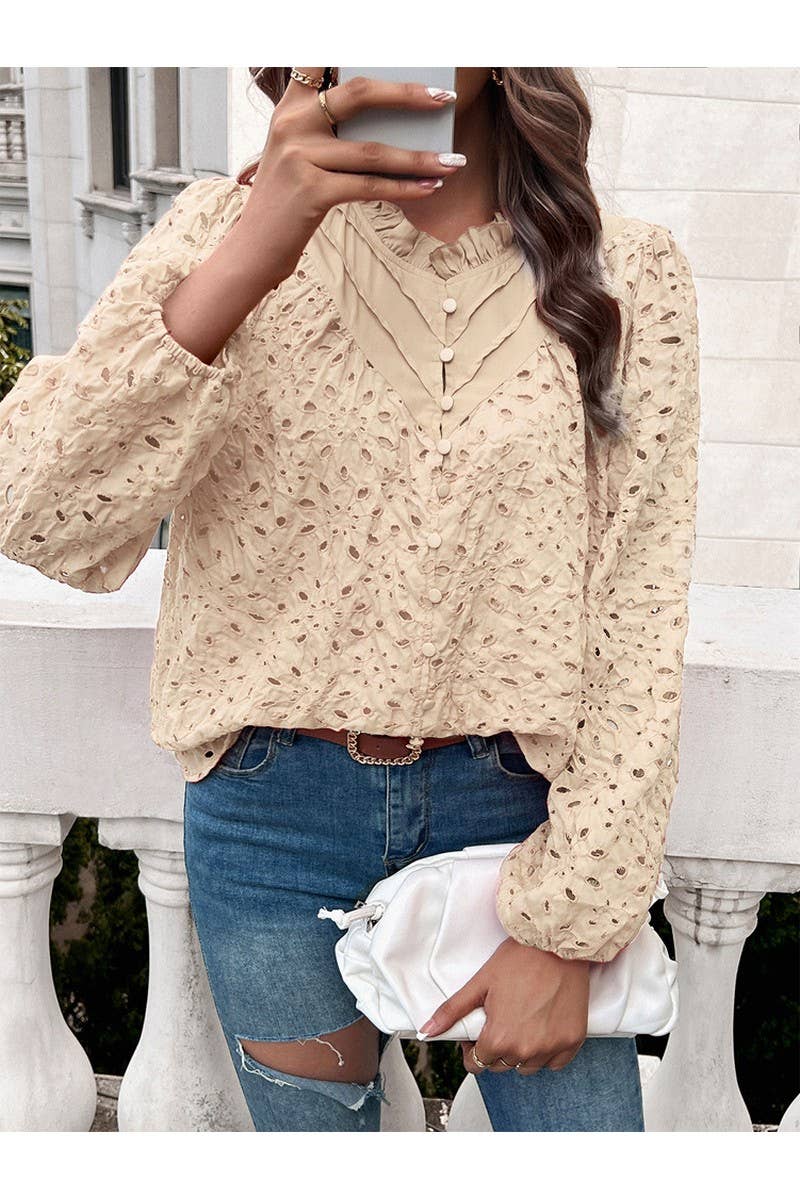 CWTBLL1140_Fashion Woven Hollow Puffy Sleeve Blouse