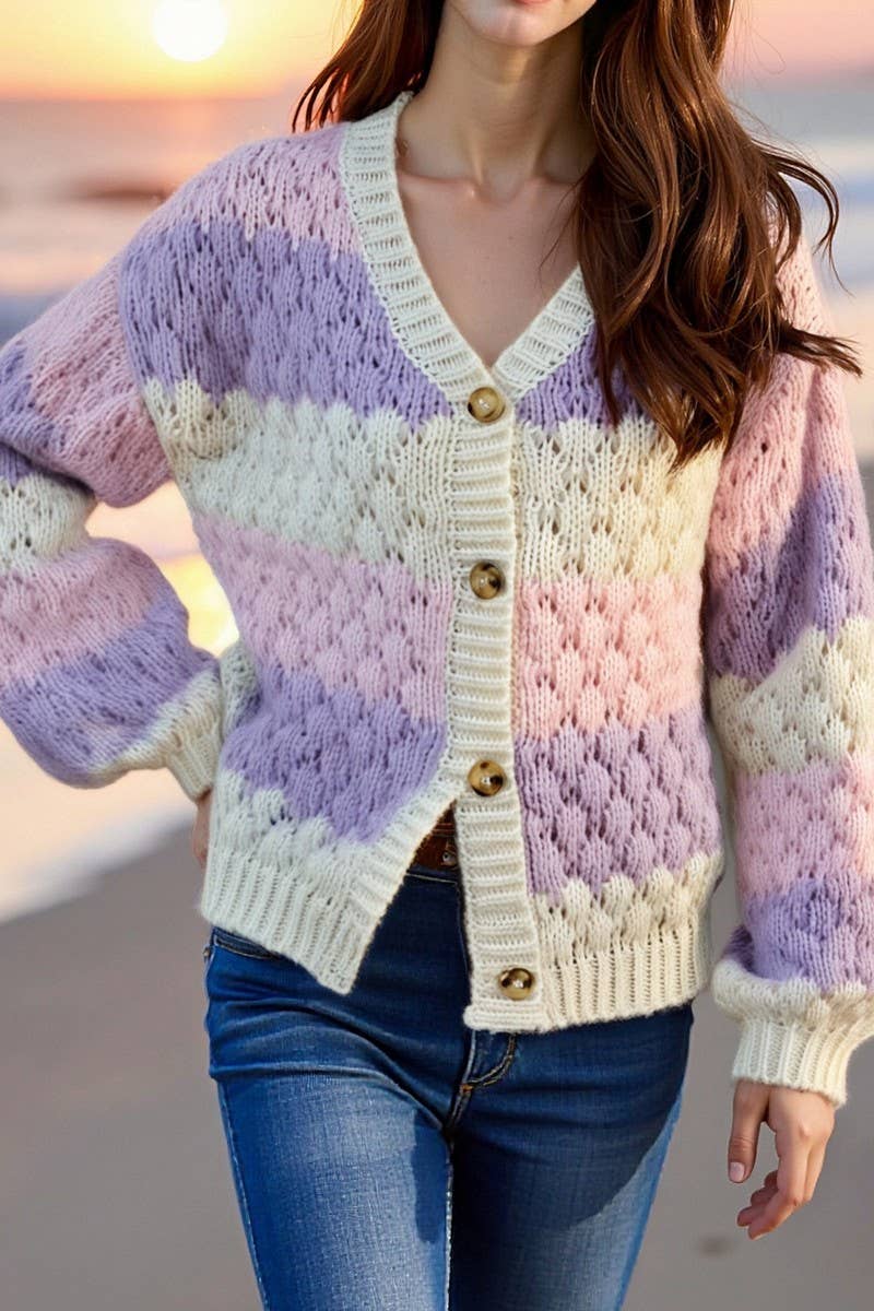 CWOSWL07088_CONTRAST COLOR V-NECK LOOSE KNIT CARDIGAN SWEATE