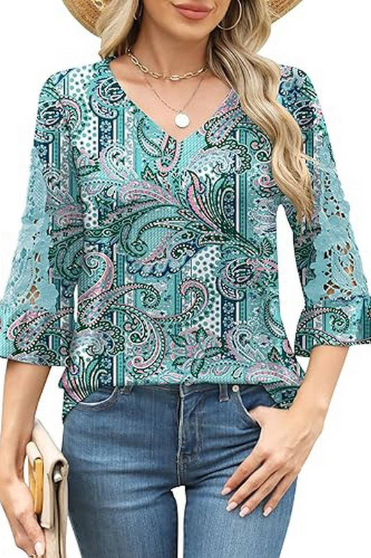 CWTBLL3901_LACE RUFFLE SLEEVE V-NECK PRINT TOP