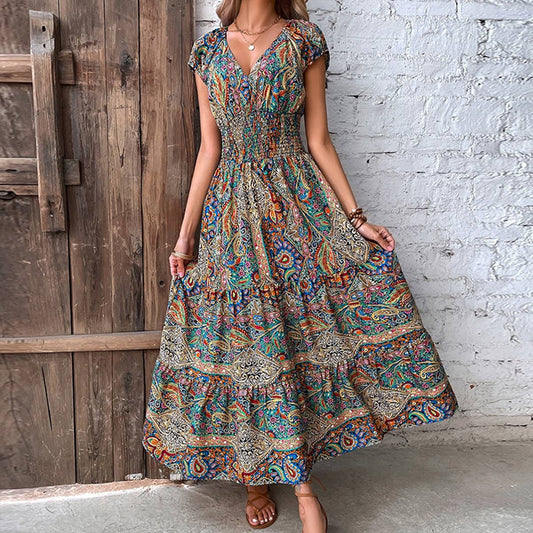 Boho style cable waist swing V-neck long dress