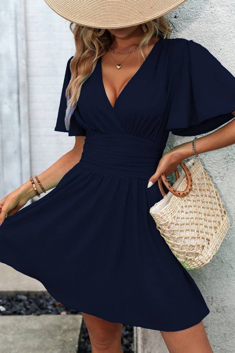 CWDSD7143_V-NECK LOTUS LEAF SLEEVE SOLID COLOR SKIRT DRESS