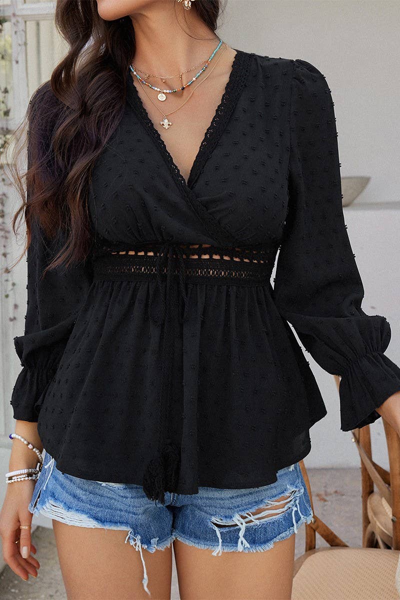 CWTBLL3592_V-NECK SOLID COLOR TIE WAIST TOP SHIRT