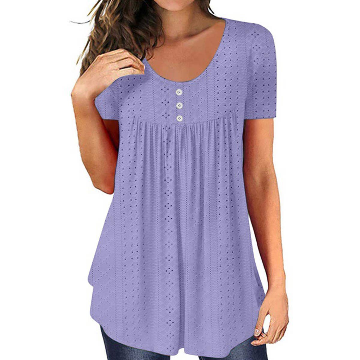 Crew-neck pleated button solid color ripped shirt