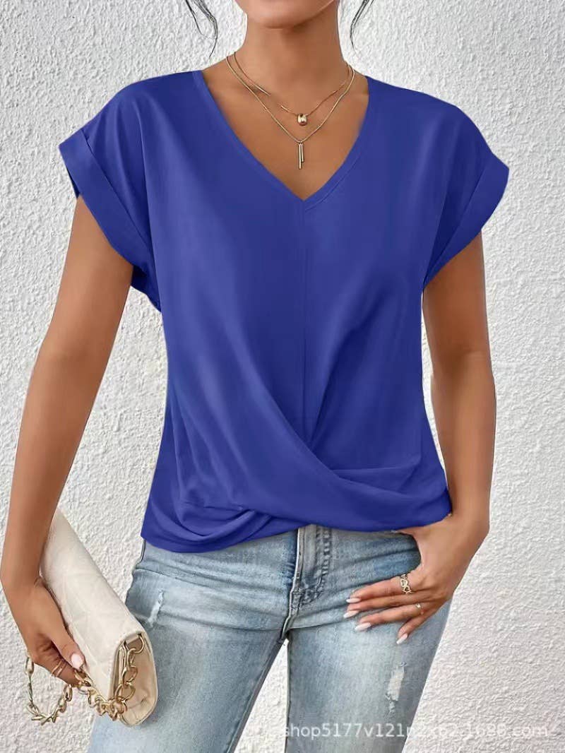 Elegant short-sleeved solid-color V-neck T-shirt