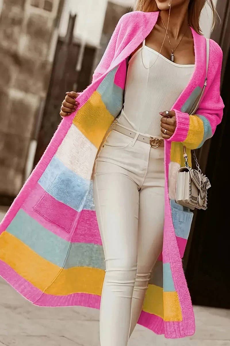 CWOCAL00717_COLORBLOCK RAINBOW STRIPE LONG KNIT CARDIGAN