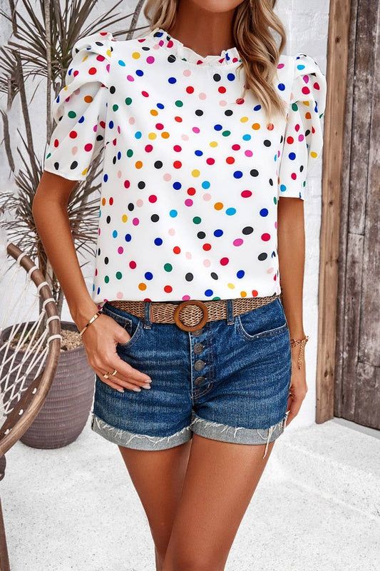 CWTBLL3611_CASUAL COMMUTER POLKA DOT PUFF SLEEVE TOP