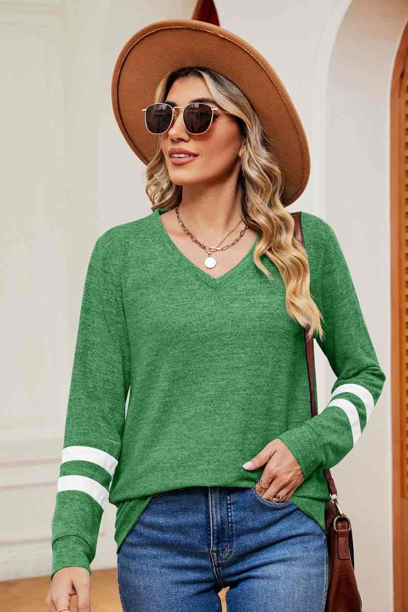 CWOSWL6552_V-NECK LONG SLEEVE STRIPED COLOR MATCHING TOP